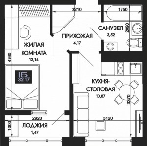 1 к.кв. - 32,17 кв.м.