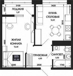 1 к.кв. - 35,88 кв.м.