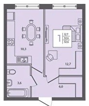 1 к.кв. - 32,6 кв.м.