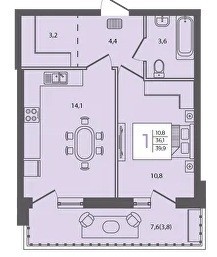 1 к.кв. - 39,9 кв.м.