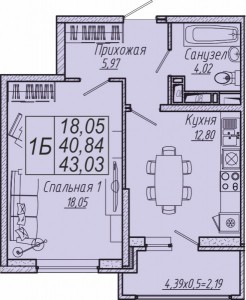 1-комнатная квартира  43,03 кв. м