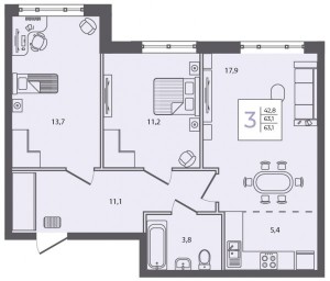 3 к.кв. - 63,1 кв.м.