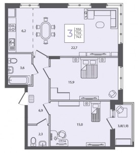 3 к.кв. - 74,5 кв.м.