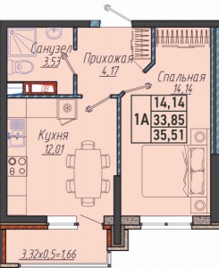 1-комнатная квартира  35,51 кв. м