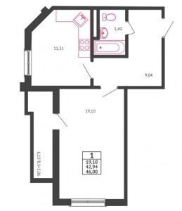 1-комнатная квартира, 46 кв. м