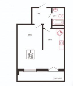 1-комнатная квартира, 44 кв. м