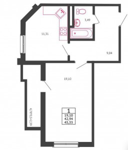 1-комнатная квартира, 45 кв. м