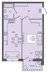 1 к.кв. - 46,3 кв.м.