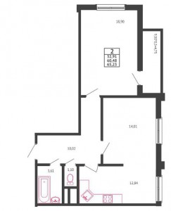 2-комнатная квартира, 65 кв. м