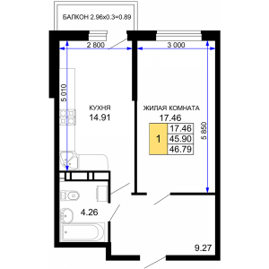 1 к.кв - 46,79 кв.м