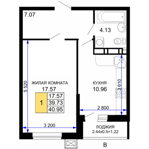 1 к.кв - 40,95 кв.м